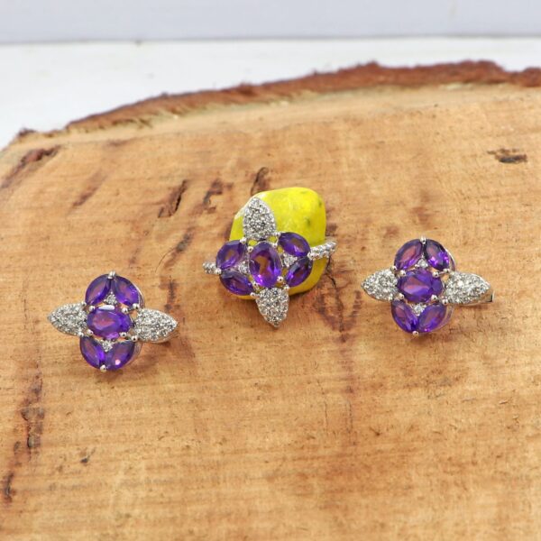 Natural Amethyst 92.5 Sterling Silver Gemstone Ring With Earring Set - Image 2