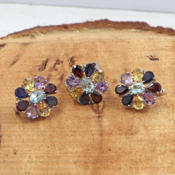 92.5 Sterling Silver Natural Multi Gemstone Ring with Earrings set - Image 3