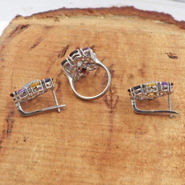 92.5 Sterling Silver Natural Multi Gemstone Ring with Earrings set - Image 5