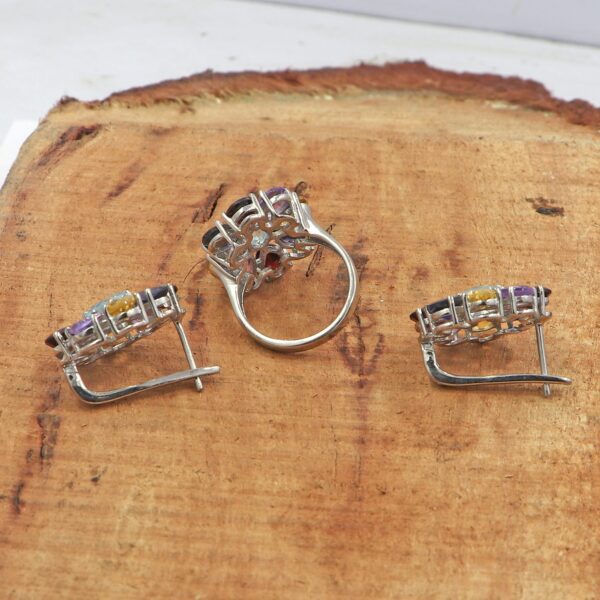 92.5 Sterling Silver Natural Multi Gemstone Ring with Earrings set - Image 6