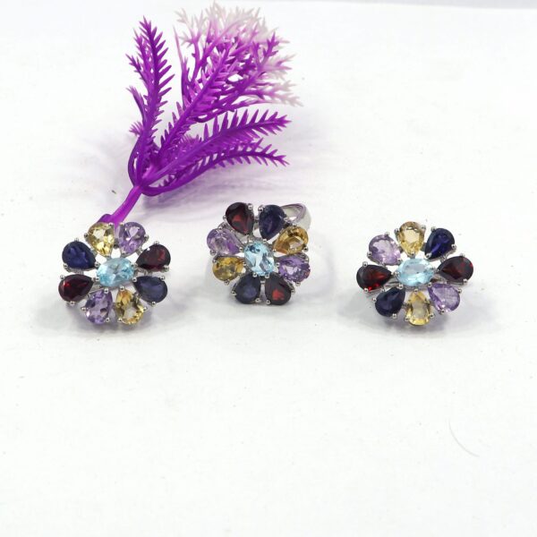 92.5 Sterling Silver Natural Multi Gemstone Ring with Earrings set