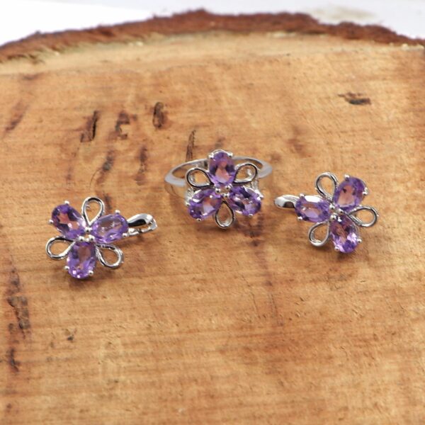 Natural Amethyst 92.5 Sterling Silver Ring with Russian Lock Earrings Set - Image 2