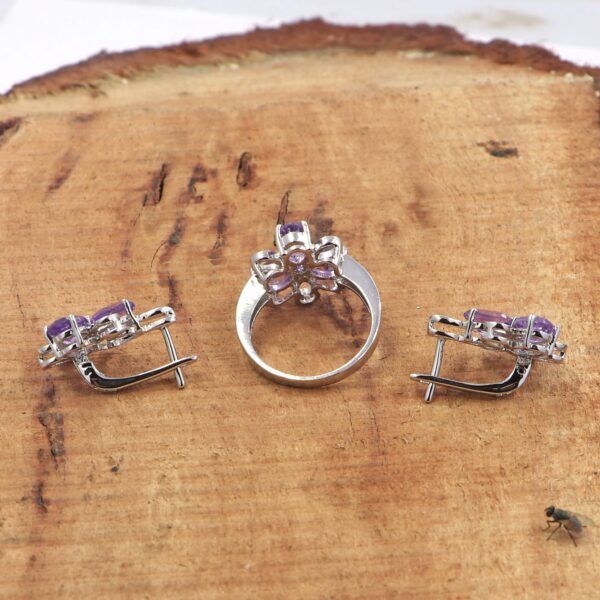 Natural Amethyst 92.5 Sterling Silver Ring with Russian Lock Earrings Set - Image 4
