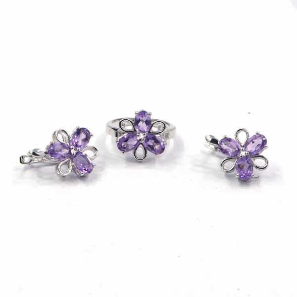 Natural Amethyst 92.5 Sterling Silver Ring with Russian Lock Earrings Set - Image 6