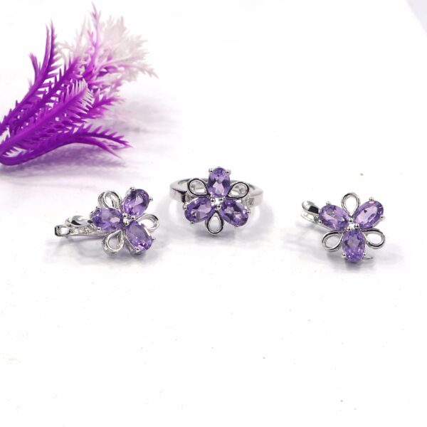 Natural Amethyst 92.5 Sterling Silver Ring with Russian Lock Earrings Set