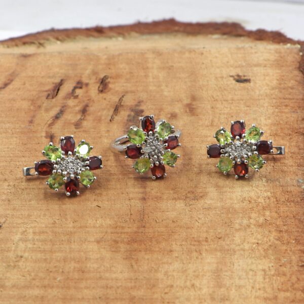 Natural Garnet & Peridot 92.5 Sterling Silver Ring & Earring Set - Russian Lock - Image 2