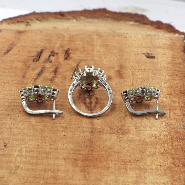Natural Garnet & Peridot 92.5 Sterling Silver Ring & Earring Set - Russian Lock - Image 3
