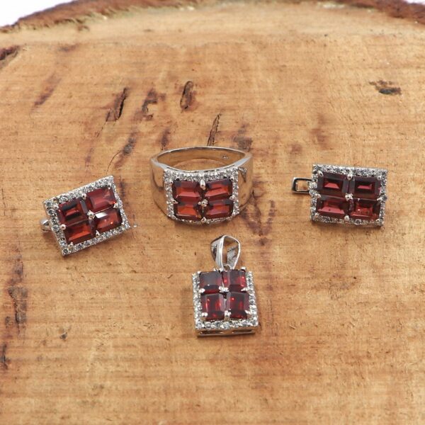 Natural Garnet Gemstone 92.5 Sterling Silver Ring, Earring Set, and Pendant - Image 2
