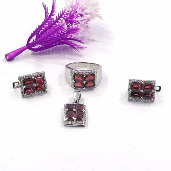 Natural Garnet Gemstone 92.5 Sterling Silver Ring, Earring Set, and Pendant