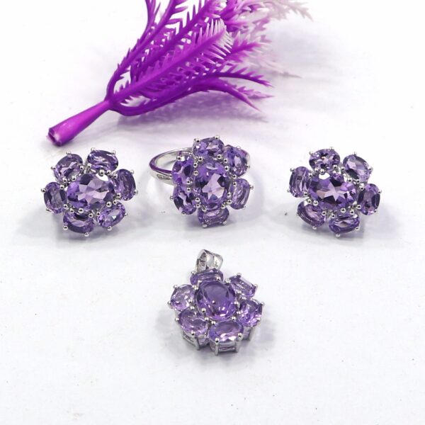 Natural Amethyst Gemstone Set  92.5 Sterling Silver Ring, Earring, & Pendant - Image 2