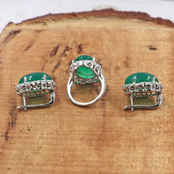 Natural Green Onyx 92.5 Sterling Silver Ring and Earring Set with Russian Lock - Image 3