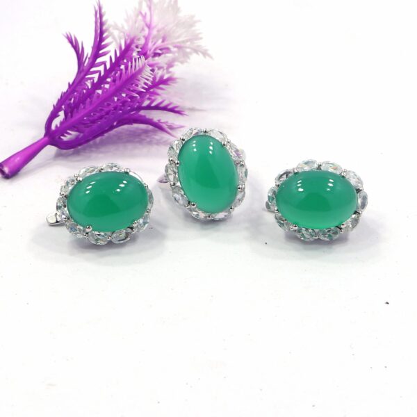 Natural Green Onyx 92.5 Sterling Silver Ring and Earring Set with Russian Lock