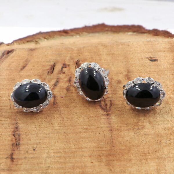 Natural Black Onyx & White Topaz 925 Sterling Silver Ring & Earrings Set