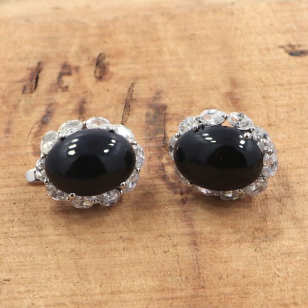 Natural Black Onyx & White Topaz 925 Sterling Silver Ring & Earrings Set - Image 2