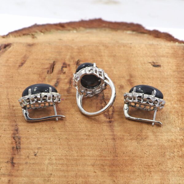 Natural Black Onyx & White Topaz 925 Sterling Silver Ring & Earrings Set - Image 4