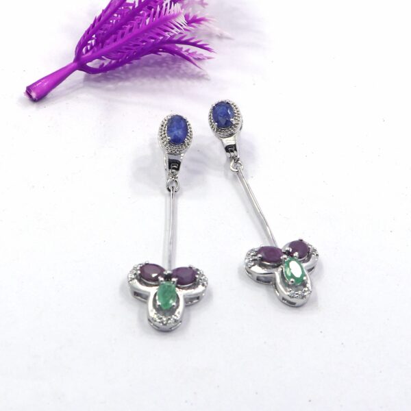 Natural Multi Gemstone 925 Sterling Silver Dangle Earrings featuring Lapis, Green Onyx, and Ruby with Russian lock backing