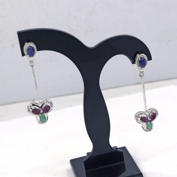 Natural Multi Gemstone 925 Sterling Silver Dangle Earrings featuring Lapis, Green Onyx, and Ruby with Russian lock backing - Image 2