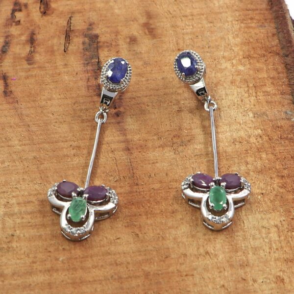 Natural Multi Gemstone 925 Sterling Silver Dangle Earrings featuring Lapis, Green Onyx, and Ruby with Russian lock backing - Image 4