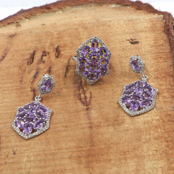 Natural Amethyst 925 Sterling Silver Ring and Russian Lock Earrings Set - Image 2