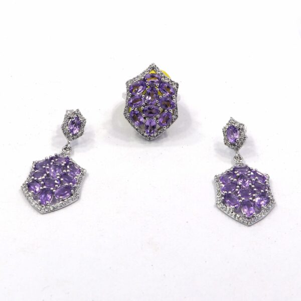 Natural Amethyst 925 Sterling Silver Ring and Russian Lock Earrings Set