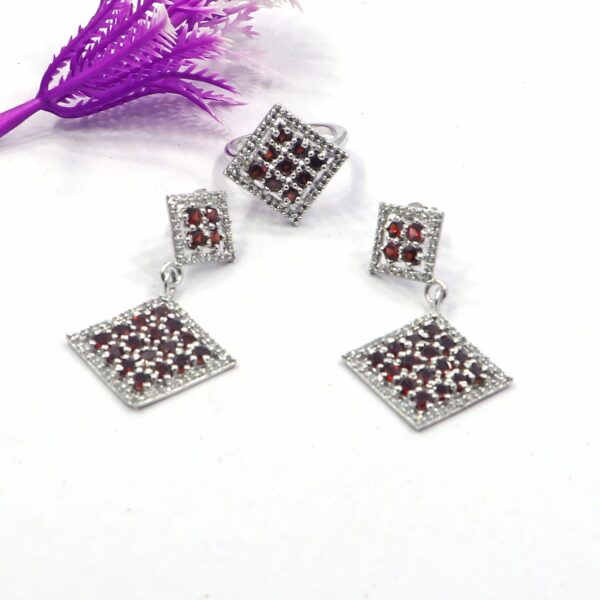 Natural Garnet 925 Sterling Silver Ring and Russian Lock Earrings