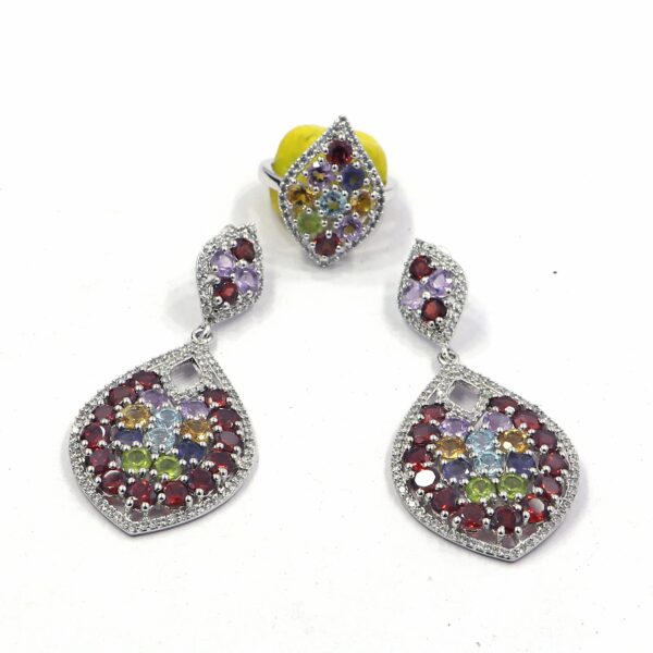 Natural Multi Gemstone 925 Sterling Silver Ring with Earrings