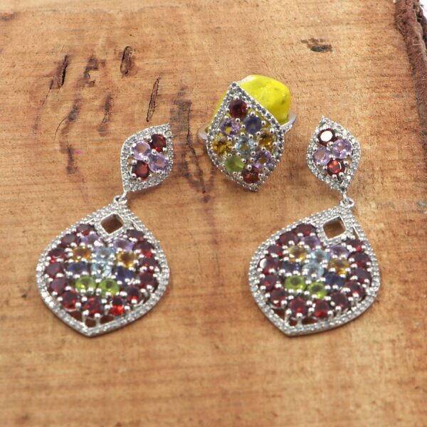 Natural Multi Gemstone 925 Sterling Silver Ring with Earrings - Image 5