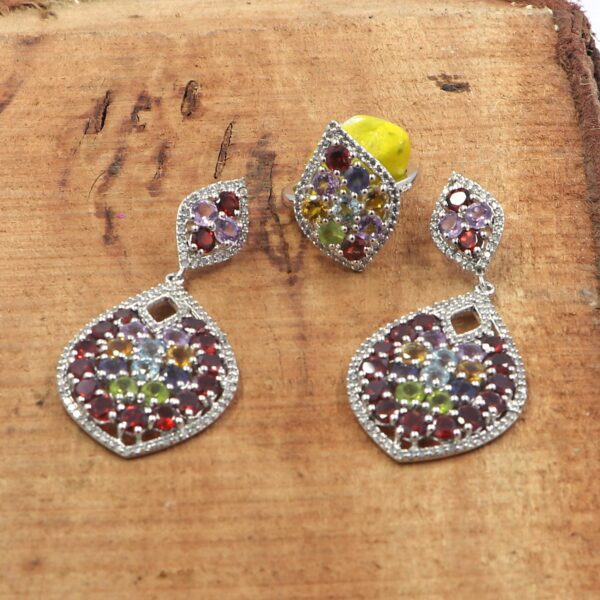 Natural Multi Gemstone 925 Sterling Silver Ring with Earrings - Image 6