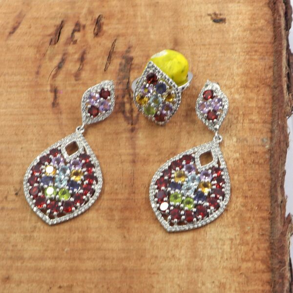 Natural Multi Gemstone 925 Sterling Silver Ring with Earrings - Image 7