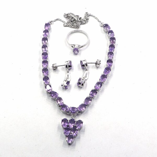Natural Amethyst 925 Sterling Silver Tennis Bracelet with Ring & Earrings Set