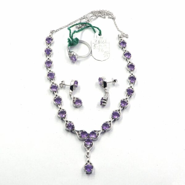 Natural Amethyst 925 Sterling Silver Necklace with Ring and Earrings Set