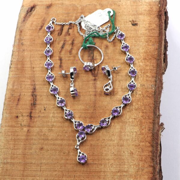 Natural Amethyst 925 Sterling Silver Necklace with Ring and Earrings Set - Image 5