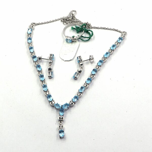 Natural Blue Topaz Jewelry Set in 925 Sterling Silver with Necklace, Ring, and Earrings.